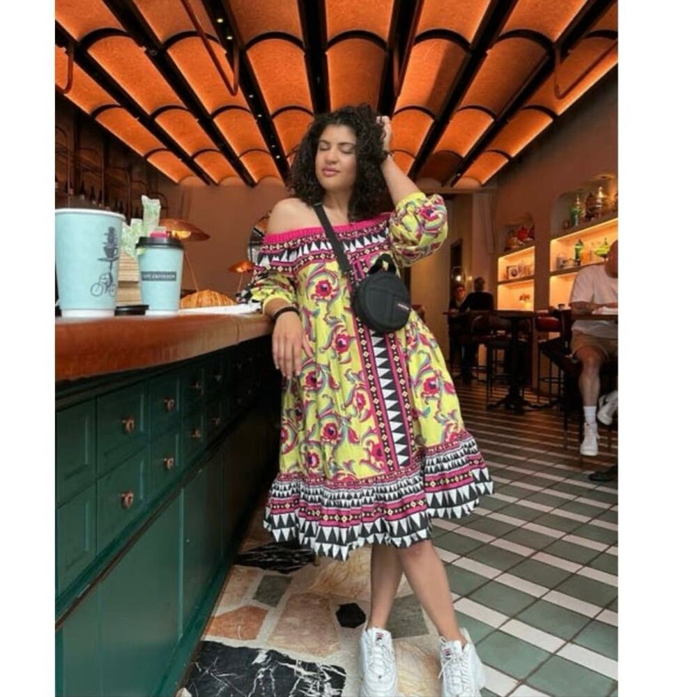 LA DOUBLEJ Yellow Paisley Mod Geo Print Three Quarter Sleeve Off Shoulder Dress - Picture 8 of 16